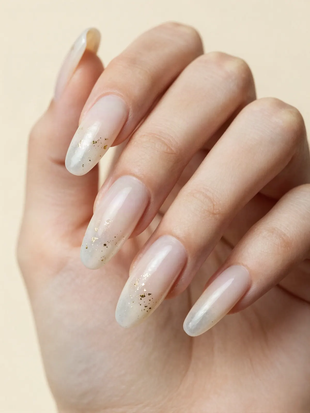 Long coffin-shaped nails in milky white with gold foil flecks